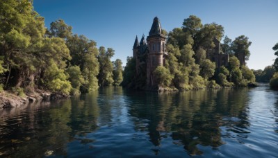 outdoors,sky,day,cloud,water,tree,blue sky,no humans,sunlight,building,nature,scenery,forest,reflection,river,castle,tower,lake,reflective water,fantasy,bridge