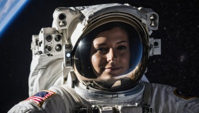 solo,looking at viewer,smile,black hair,1boy,closed mouth,upper body,male focus,black eyes,lips,helmet,portrait,star (sky),reflection,science fiction,realistic,space,planet,earth (planet),american flag,spacesuit,space helmet,astronaut,brown eyes,japanese flag,united states