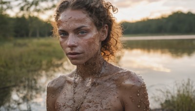 1girl,solo,looking at viewer,short hair,blue eyes,brown hair,black hair,jewelry,closed mouth,upper body,nude,outdoors,day,dark skin,medium hair,water,necklace,blurry,dark-skinned female,lips,wet,blurry background,portrait,freckles,curly hair,realistic,dirty,river,lake,smile,collarbone,earrings,depth of field,body freckles