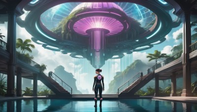 1girl,solo,breasts,short hair,black hair,gloves,bare shoulders,standing,boots,outdoors,sky,day,pants,cloud,water,hair bun,from behind,tree,blue sky,bodysuit,cloudy sky,plant,scenery,reflection,science fiction,palm tree,black bodysuit,wide shot,neon trim,brown hair,shirt,1boy,male focus,shoes,black pants,arms at sides,facing away,bridge,reflective floor