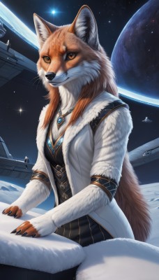 1girl,solo,long hair,breasts,looking at viewer,smile,animal ears,jewelry,sitting,very long hair,closed mouth,tail,open clothes,sky,artist name,signature,necklace,vest,coat,orange eyes,brooch,gem,star (sky),claws,furry,pendant,starry sky,colored sclera,animal hands,furry female,white coat,space,body fur,white fur,planet,animal nose,whiskers,snout,earth (planet),spacecraft,fluffy,orange fur,brown eyes,small breasts,orange hair,realistic,fox