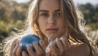 1girl, solo, long hair, looking at viewer, blonde hair, holding, brown eyes, closed mouth, blurry, lips, depth of field, blurry background, thick eyebrows, realistic, nose