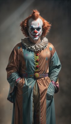 solo,looking at viewer,smile,short hair,brown hair,long sleeves,1boy,standing,male focus,red hair,belt,orange hair,lips,coat,makeup,mask,lipstick,curly hair,hands in pockets,facepaint,afro,clown,1girl,teeth,polka dot,evil smile,topknot,horror (theme)