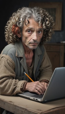 solo,looking at viewer,shirt,long sleeves,1boy,sitting,jacket,upper body,white hair,grey hair,male focus,indoors,blurry,vest,grey eyes,blurry background,facial hair,beard,curly hair,watch,realistic,mustache,wristwatch,brown shirt,computer,old,old man,laptop,afro,wrinkled skin,lips,veins,nose,stubble,pencil,dirty,stylus,drawing tablet