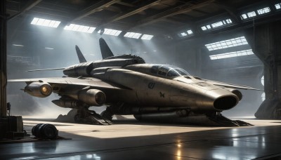 HQ,indoors,signature,military,no humans,window,robot,mecha,reflection,flying,science fiction,light rays,realistic,aircraft,military vehicle,airplane,vehicle focus,spacecraft,lights,jet,fighter jet,rain,cockpit