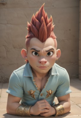 solo,looking at viewer,blush,smile,short hair,brown hair,shirt,1boy,brown eyes,jewelry,closed mouth,upper body,short sleeves,male focus,red hair,collared shirt,artist name,necklace,blurry,bracelet,blurry background,own hands together,blue shirt,spiked hair,child,freckles,realistic,bracer,male child,mohawk,earrings