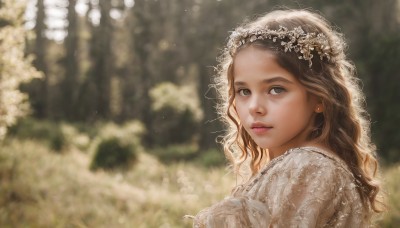 1girl,solo,long hair,looking at viewer,brown hair,hair ornament,dress,brown eyes,jewelry,closed mouth,upper body,flower,earrings,outdoors,hair flower,white dress,blurry,from side,lips,looking to the side,grey eyes,eyelashes,depth of field,blurry background,wavy hair,portrait,veil,realistic,nose,head wreath,nature,lace,bridal veil