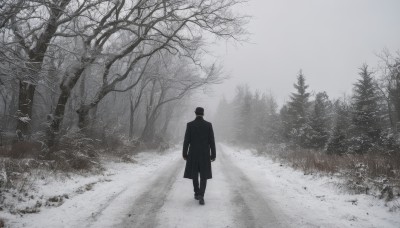 solo,short hair,black hair,long sleeves,1boy,standing,monochrome,greyscale,male focus,outdoors,pants,from behind,tree,coat,nature,scenery,snow,forest,walking,arms at sides,wide shot,bare tree,tombstone,boots,sky,black footwear,black coat,facing away,fog,grey sky,grey theme