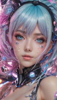 1girl,solo,breasts,looking at viewer,short hair,bangs,blue eyes,cleavage,bare shoulders,blue hair,pink hair,multicolored hair,hairband,parted lips,artist name,tears,lips,eyelashes,gradient hair,makeup,detached collar,headgear,portrait,close-up,realistic,nose,mascara,teeth,shiny,headphones,bubble,water drop,pink lips,air bubble