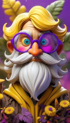 solo,looking at viewer,blue eyes,blonde hair,1boy,upper body,flower,white hair,male focus,outdoors,glasses,artist name,hood,blurry,tattoo,blurry background,facial hair,leaf,scar,sunglasses,hood down,portrait,beard,colored sclera,purple background,yellow flower,round eyewear,mustache,purple flower,tinted eyewear,old,old man,smile,short hair,bangs,closed mouth,jacket,teeth,alternate costume,watermark,floral print,yellow jacket