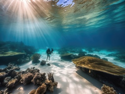 solo,1boy,standing,outdoors,sky,day,water,bag,from behind,ocean,halo,beach,sunlight,backpack,scenery,light rays,rock,sand,sunbeam,shore,cave,1girl,long hair,black hair,holding,tree,animal,underwater