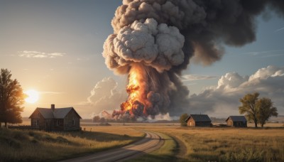 outdoors,sky,day,cloud,tree,blue sky,no humans,window,cloudy sky,grass,fire,building,scenery,smoke,sunset,mountain,sun,road,bush,explosion,house,burning,nature,field