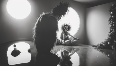 1girl,smile,short hair,open mouth,red eyes,1boy,sitting,monochrome,greyscale,male focus,multiple boys,teeth,2boys,water,night,moon,full moon,reflection,spot color,eye focus,barefoot,messy hair,indian style