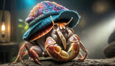 HQ,solo,full body,teeth,blurry,no humans,depth of field,blurry background,umbrella,bug,monster,realistic,antennae,mushroom,shell,looking at viewer,sitting,outdoors,glowing,claws,extra arms