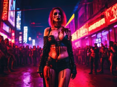 1girl,solo,breasts,short hair,gloves,navel,cleavage,bare shoulders,medium breasts,weapon,red hair,outdoors,shorts,solo focus,choker,black gloves,elbow gloves,midriff,bra,lips,crop top,short shorts,blood,tattoo,makeup,night,black shorts,sunglasses,blood on face,city,realistic,blood on clothes,zombie,blood splatter,crowd,blood on weapon,cyberpunk,neon lights,jewelry,pink hair,detached sleeves,necklace,torn clothes,building,front-tie top,walking