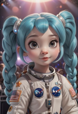 1girl,solo,long hair,looking at viewer,smile,hair ornament,twintails,brown eyes,closed mouth,blue hair,upper body,braid,solo focus,artist name,star (symbol),blurry,twin braids,lips,eyelashes,aqua hair,depth of field,blurry background,watermark,web address,zipper,freckles,realistic,american flag,spacesuit,astronaut,blush,bangs,nose,badge,crowd