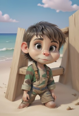 solo,looking at viewer,smile,brown hair,shirt,black hair,1boy,brown eyes,full body,male focus,outdoors,sky,shorts,day,belt,cloud,water,blue sky,kneeling,ocean,beach,child,freckles,fence,sand,overalls,male child,camouflage,shell,short hair,bag,sandals,backpack,realistic,green shirt