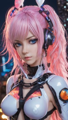 1girl,solo,long hair,breasts,looking at viewer,bangs,blue eyes,animal ears,twintails,medium breasts,closed mouth,upper body,pink hair,shiny,rabbit ears,blurry,covered nipples,lips,eyelashes,bodysuit,makeup,blurry background,fake animal ears,headphones,skin tight,headset,science fiction,impossible clothes,hair ornament,jewelry,two side up,realistic,nose