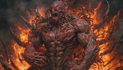 solo,looking at viewer,open mouth,1boy,upper body,male focus,horns,teeth,no humans,muscular,glowing,abs,fire,sharp teeth,muscular male,glowing eyes,claws,spikes,veins,monster,white eyes,extra arms,extra eyes,demon,embers,burning,standing,nude,smoke