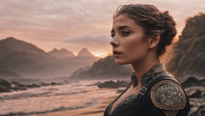 1girl,solo,breasts,short hair,brown hair,black hair,cleavage,brown eyes,upper body,braid,outdoors,parted lips,sky,water,hair bun,armor,blurry,from side,lips,depth of field,blurry background,single hair bun,sunset,mountain,realistic,nose,medium breasts,underwear,bra,portrait