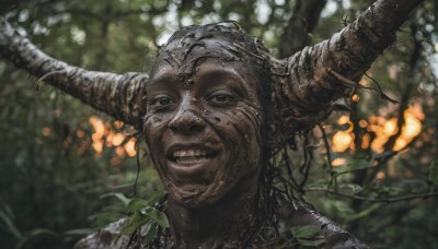 solo,looking at viewer,smile,1boy,male focus,outdoors,horns,teeth,dark skin,grin,blurry,black eyes,no humans,depth of field,blurry background,leaf,plant,portrait,nature,realistic,branch,horror (theme),parted lips,day,forest,dappled sunlight