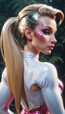 1girl,solo,long hair,breasts,looking at viewer,blonde hair,brown hair,shirt,hair ornament,long sleeves,dress,brown eyes,jewelry,medium breasts,white shirt,upper body,ponytail,earrings,parted lips,looking back,artist name,from behind,blurry,lips,clothing cutout,eyelashes,makeup,blurry background,lipstick,pink dress,eyeshadow,freckles,realistic,nose,red lips,eyeliner,hair pulled back,mascara,facial mark