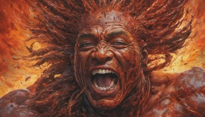 solo,looking at viewer,open mouth,blue eyes,brown hair,1boy,male focus,teeth,fire,portrait,realistic,manly,explosion,debris,long hair,upper body,red hair,tongue,grey eyes,muscular,floating hair,veins,orange background,red theme,screaming