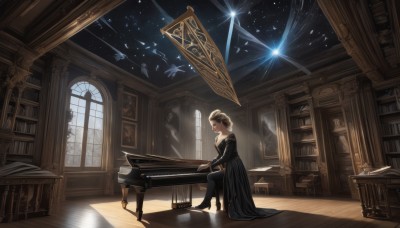 1girl,solo,breasts,short hair,blonde hair,long sleeves,dress,jewelry,sitting,closed mouth,pantyhose,indoors,hair bun,black footwear,black dress,high heels,from side,book,black pantyhose,window,profile,bird,chair,table,sunlight,curtains,instrument,star (sky),scenery,light particles,reflection,light rays,wooden floor,open book,music,bookshelf,wide shot,playing instrument,book stack,library,painting (object),piano,reflective floor,grand piano,long hair,brown hair,sky,day,night,single hair bun,starry sky,long dress