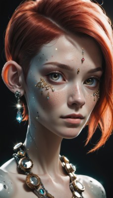 1girl,solo,looking at viewer,short hair,simple background,brown hair,brown eyes,jewelry,green eyes,collarbone,yellow eyes,red hair,earrings,parted lips,necklace,orange hair,lips,eyelashes,black background,gem,portrait,freckles,glint,realistic,nose,sparkle,makeup,colored skin,watermark,dirty,gold