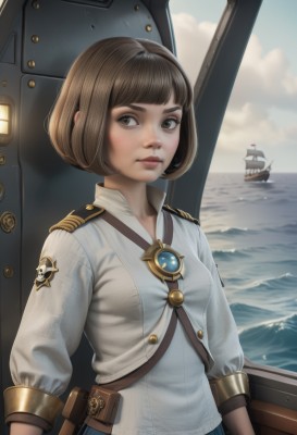 1girl,solo,breasts,looking at viewer,short hair,bangs,skirt,brown hair,shirt,long sleeves,brown eyes,jewelry,closed mouth,white shirt,upper body,small breasts,outdoors,sky,day,cloud,signature,water,uniform,blue sky,lips,blue skirt,looking to the side,military,military uniform,ocean,bob cut,cloudy sky,brooch,freckles,pouch,realistic,nose,military vehicle,watercraft,badge,ship,boat,standing,belt,blunt bangs,epaulettes,waves