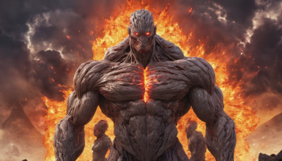 solo, looking at viewer, red eyes, 1boy, male focus, sky, cloud, muscular, glowing, abs, fire, muscular male, glowing eyes, veins, molten rock