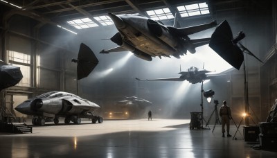 HQ,1boy,standing,multiple boys,indoors,2boys,military,window,military uniform,sunlight,helmet,robot,scenery,science fiction,light rays,realistic,aircraft,military vehicle,airplane,vehicle focus,spacecraft,ladder,jet,fighter jet,signature,reflection,flying,light