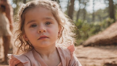 1girl,solo,long hair,looking at viewer,blue eyes,blonde hair,brown hair,upper body,outdoors,parted lips,day,blurry,lips,grey eyes,depth of field,blurry background,looking up,child,portrait,forehead,freckles,curly hair,realistic,nose,female child,sunlight,wind,dappled sunlight