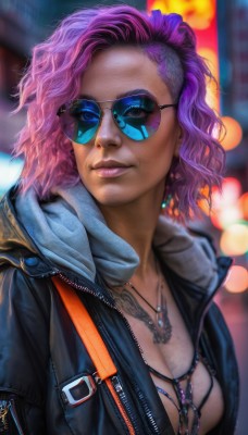 1girl,solo,breasts,looking at viewer,smile,short hair,blue eyes,cleavage,jewelry,medium breasts,closed mouth,jacket,upper body,pink hair,purple hair,multicolored hair,earrings,open clothes,artist name,dark skin,hood,medium hair,necklace,mole,blurry,two-tone hair,open jacket,dark-skinned female,lips,black jacket,tattoo,makeup,blurry background,watermark,sunglasses,hood down,lipstick,web address,eyeshadow,zipper,asymmetrical hair,realistic,nose,unzipped,leather,undercut,tinted eyewear,leather jacket,mascara,cyberpunk,denim jacket,aviator sunglasses,pink-tinted eyewear,purple-tinted eyewear,signature,coat,eyelashes,depth of field,wavy hair,freckles,city,bokeh,over-rim eyewear,blue-tinted eyewear