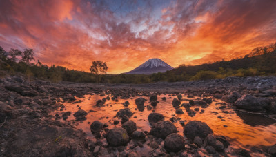 outdoors, sky, cloud, water, tree, dutch angle, no humans, cloudy sky, nature, scenery, forest, reflection, sunset, rock, mountain, river, landscape, orange sky