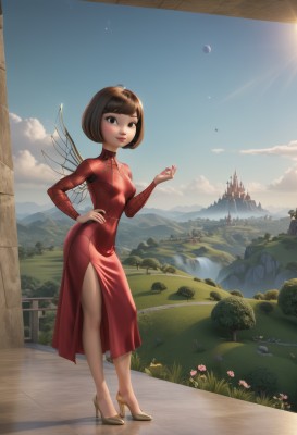 1girl,solo,breasts,looking at viewer,smile,short hair,bangs,brown hair,black hair,long sleeves,dress,brown eyes,closed mouth,standing,full body,flower,small breasts,outdoors,wings,sky,shoes,day,artist name,cloud,hand up,blunt bangs,water,black eyes,high heels,tree,blue sky,lips,hand on hip,makeup,brown footwear,moon,red dress,bob cut,grass,bug,lipstick,building,side slit,mountain,fantasy,sun,fairy wings,red lips,fairy,crescent moon,bridge,river,castle,waterfall,mountainous horizon,insect wings,scenery,long dress