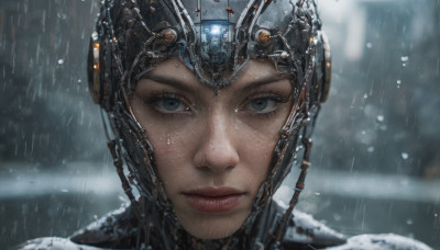 1girl, solo, looking at viewer, closed mouth, blurry, lips, grey eyes, blurry background, helmet, portrait, freckles, science fiction, rain, realistic