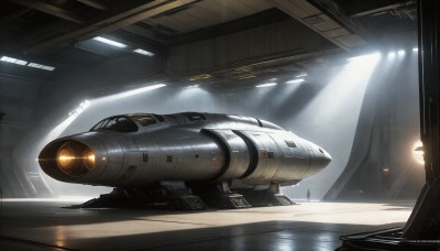 HQ,indoors,signature,military,no humans,window,science fiction,light rays,realistic,aircraft,military vehicle,light,vehicle focus,spacecraft,hallway,lights,cockpit,sunlight,scenery,flying,airplane,space,concept art,thrusters