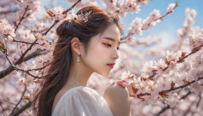 1girl, solo, long hair, brown hair, jewelry, upper body, flower, earrings, outdoors, sky, day, necklace, blurry, black eyes, from side, lips, depth of field, blurry background, cherry blossoms, realistic, nose, branch