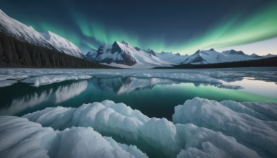 outdoors,sky,cloud,water,tree,no humans,night,star (sky),nature,night sky,scenery,forest,starry sky,reflection,mountain,river,landscape,mountainous horizon,lake,aurora,snow