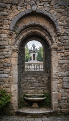 outdoors,sky,day,english text,tree,no humans,window,traditional media,plant,building,scenery,stairs,door,road,bush,wall,architecture,brick wall,pillar,castle,tower,arch,gate,pavement,brick,grass,fantasy,statue,path,column,stone floor,stone wall,brick floor