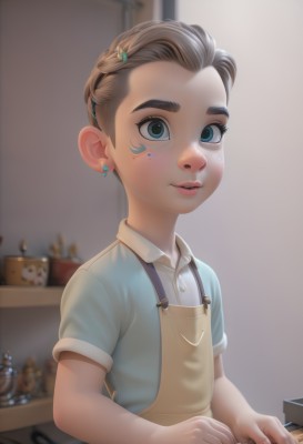 1girl,solo,short hair,blue eyes,brown hair,shirt,hair ornament,jewelry,upper body,short sleeves,earrings,parted lips,hairclip,collared shirt,artist name,indoors,blurry,apron,lips,blurry background,facial mark,blue shirt,child,freckles,female child,overalls,looking at viewer,teeth,makeup,thick eyebrows,aged down,realistic,nose