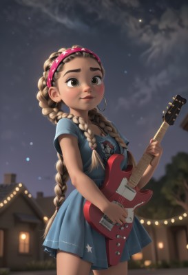 1girl,solo,long hair,looking at viewer,blush,smile,brown hair,shirt,dress,holding,brown eyes,jewelry,very long hair,standing,braid,short sleeves,cowboy shot,hairband,earrings,outdoors,sky,dark skin,star (symbol),blurry,twin braids,dark-skinned female,lips,night,blurry background,blue dress,short dress,thick eyebrows,blue shirt,building,instrument,child,star (sky),night sky,forehead,hoop earrings,music,guitar,female child,playing instrument,holding instrument,electric guitar,closed mouth,tree,eyelashes,depth of field,hair over shoulder,nose,house