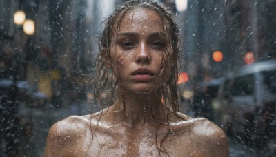 1girl,solo,long hair,looking at viewer,blue eyes,brown hair,black hair,collarbone,upper body,nude,outdoors,parted lips,blurry,lips,wet,depth of field,blurry background,messy hair,portrait,rain,realistic,wet hair,bare shoulders,night,ground vehicle,motor vehicle,snow,forehead,freckles,snowing,car