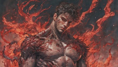 solo,looking at viewer,short hair,black hair,red eyes,1boy,closed mouth,nipples,upper body,male focus,blood,muscular,scar,abs,fire,pectorals,muscular male,scar on face,large pectorals,veins,injury,blood on face,manly,blood on hands,embers,burning,nude,smoke