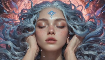 1girl,solo,long hair,open mouth,blue hair,closed eyes,parted lips,teeth,solo focus,artist name,lips,eyelashes,floating hair,watermark,wavy hair,gem,portrait,facing viewer,web address,freckles,crystal,realistic,nose,planet,hands on another's face,jewelry,earrings,facial mark,close-up,forehead mark