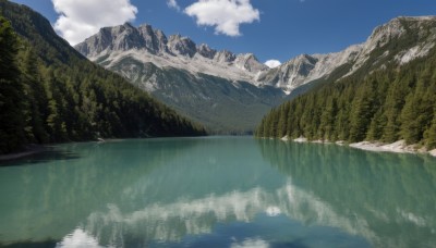 outdoors,sky,day,cloud,water,tree,blue sky,no humans,cloudy sky,grass,nature,scenery,forest,reflection,mountain,river,landscape,mountainous horizon,lake,ocean,island