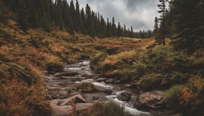 outdoors,sky,day,cloud,water,tree,no humans,cloudy sky,grass,nature,scenery,forest,rock,mountain,river,landscape,fog,stream,1girl,solo,skirt,umbrella,very wide shot