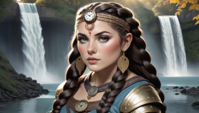 1girl,solo,long hair,looking at viewer,blue eyes,brown hair,black hair,jewelry,closed mouth,green eyes,upper body,braid,earrings,outdoors,artist name,water,necklace,armor,twin braids,tree,lips,eyelashes,makeup,headband,leaf,facial mark,thick eyebrows,gem,portrait,circlet,realistic,nose,waterfall,multiple braids,hair ornament,day,shoulder armor,forehead,eyeliner,gold