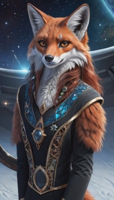 solo,long hair,looking at viewer,smile,long sleeves,1boy,animal ears,jewelry,tail,yellow eyes,upper body,male focus,outdoors,sky,necklace,star (symbol),orange eyes,no humans,night,fox tail,animal,brooch,gem,star (sky),night sky,furry,starry sky,colored sclera,space,furry male,body fur,planet,earth (planet),orange fur,1girl,orange hair,realistic